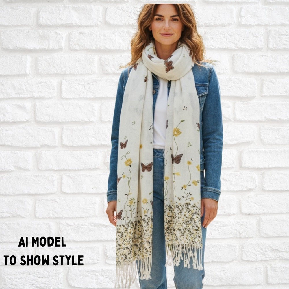 Unbranded Scarf Women OS Cream Butterfly Floral Tassel Pashmina Wrap